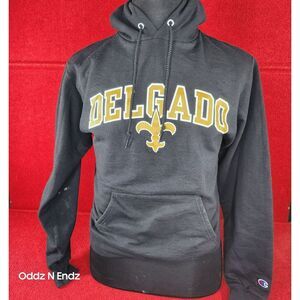 Delgado Black Hoodie Sweatshirt Champion With Fleur-De-Lis Logo & Kangaroo Pocke